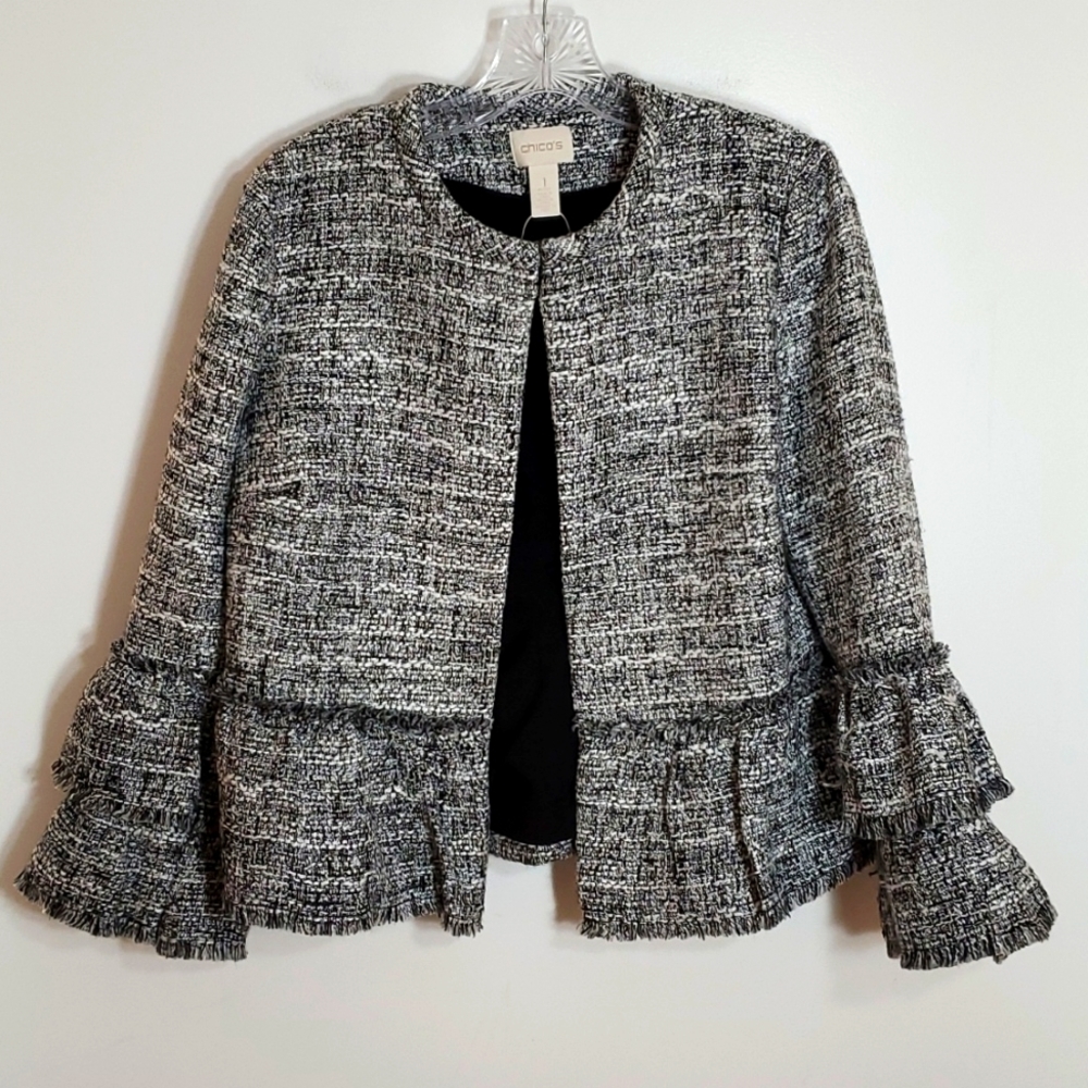 Chico's Tweed Black White Blazer Jacket Women's Size 8 / 10 Chico's Size 1